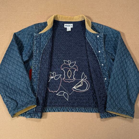 Vintage Quilted Denim Jacket With Corduroy Collar And Apple Patches Sz Large - Picture 6 of 8